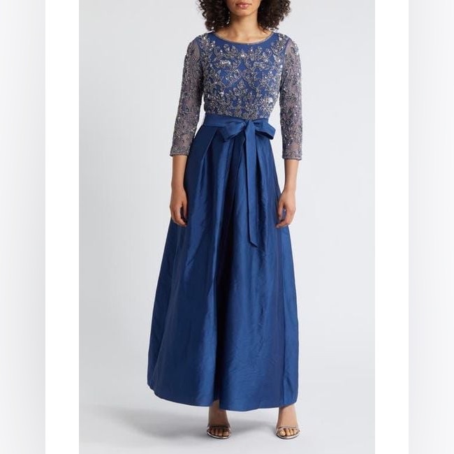 Pisarro Nights Navy Blue Beaded Long Sleeve Evening Gown